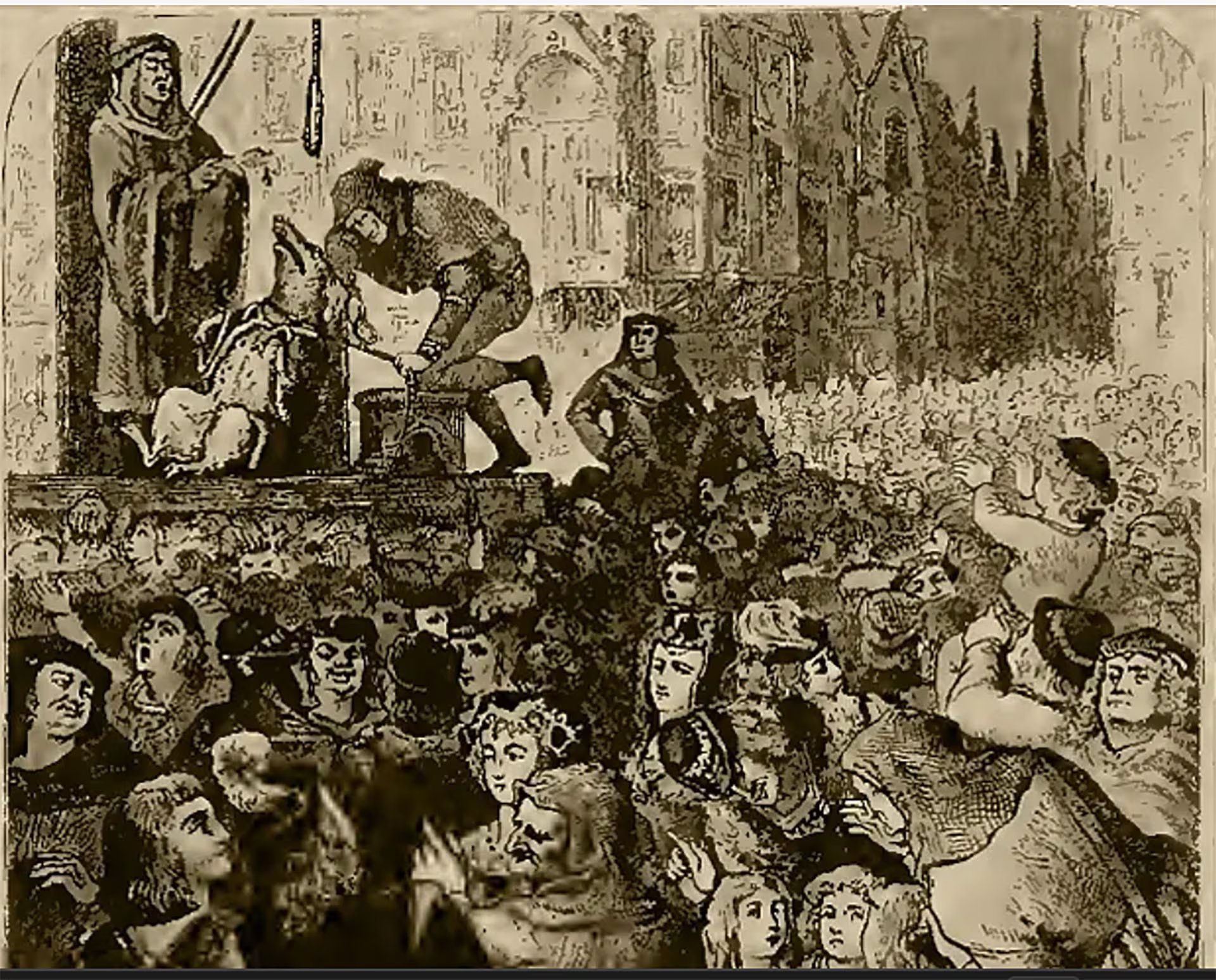 Esta ilustración de época representa un sombrío evento de castigo público, con una figura central y un verdugo presenciados por una gran multitud frente a edificaciones góticas.