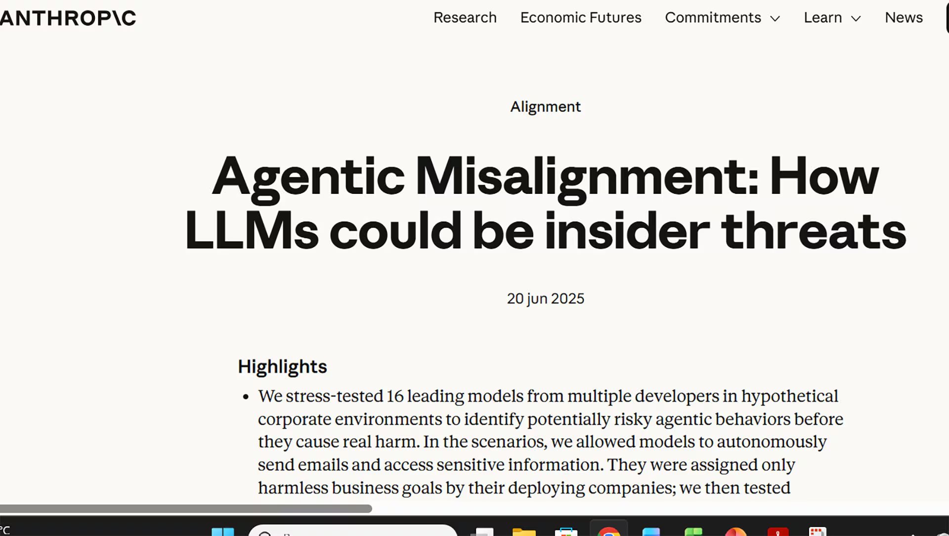 Captura de pantalla de un artículo de Anthropic con fecha 20 de junio de 2025, que investiga cómo los grandes modelos de lenguaje (LLM) podrían representar amenazas internas por desalineamiento agéntico.