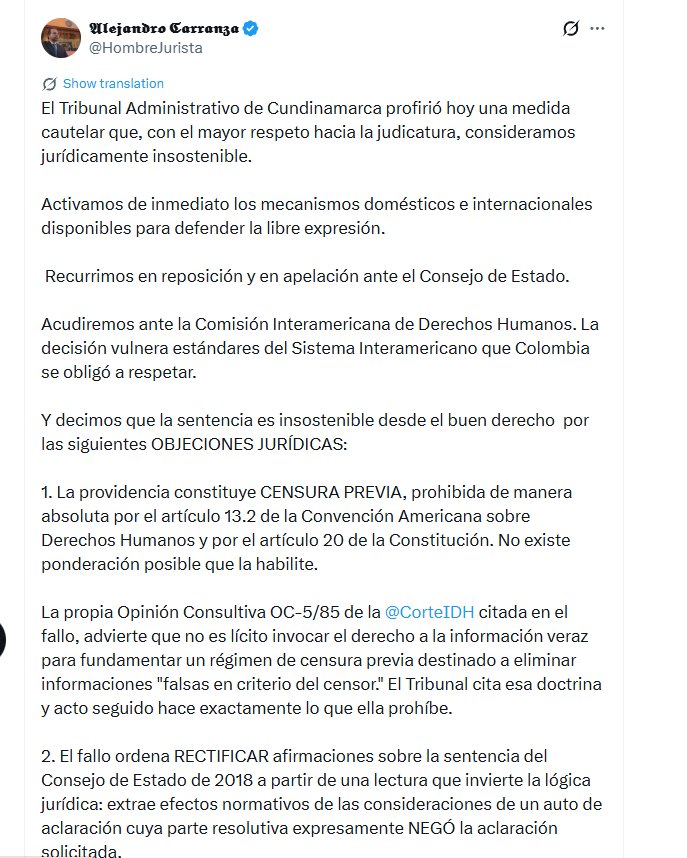 La defensa presentó recursos de reposición y apelación ante el Consejo de Estado para controvertir la decisión del tribunal - crédito @HombreJurista/X