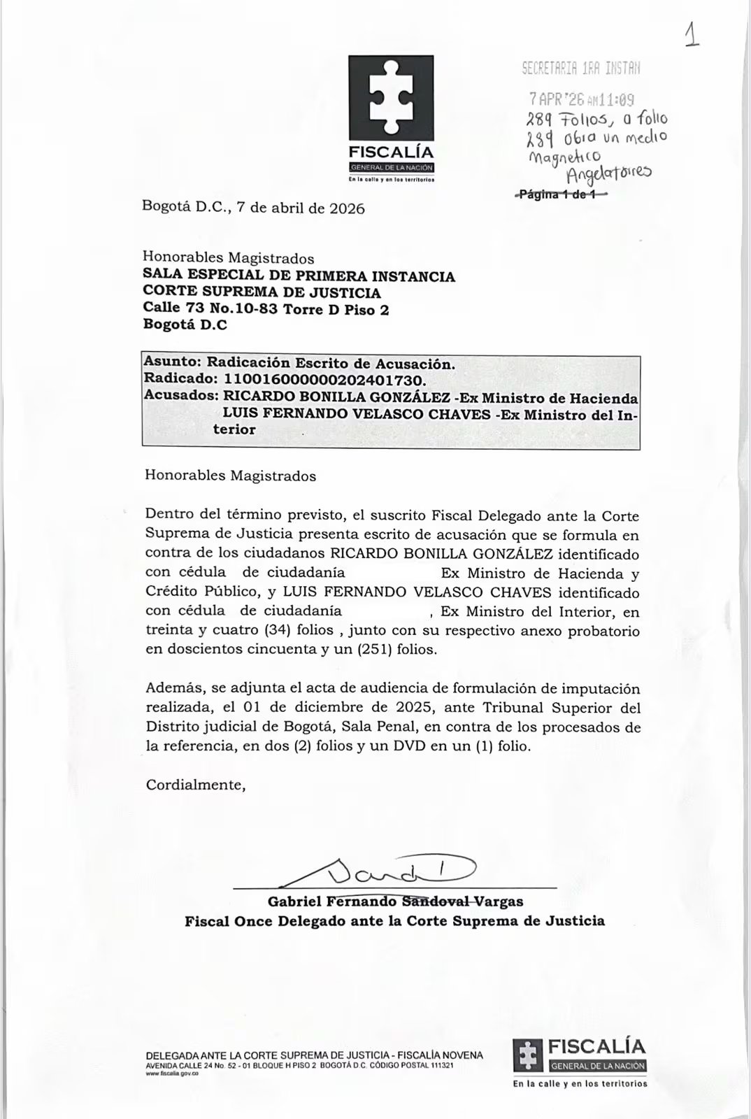 La Fiscalía radicó ante la Sala de Primera Instancia de la Corte Suprema de Justicia la acusación contra el exministro de Hacienda Ricardo Bonilla y el exministro del Interior Luis Fernando Velasco por el caso Ungrd - crédito Fiscalía