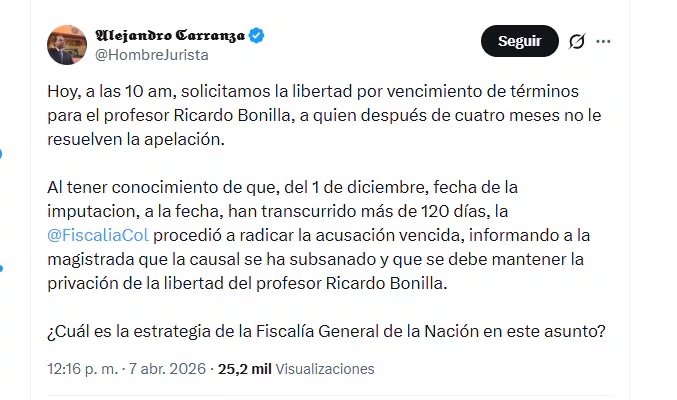 El abogado Alejandro Carranza informó que en la audiencia que se llevó a cabo el 7 de abril, pidió la libertad del exministro Ricardo Bonilla - crédito @HombreJurista/X