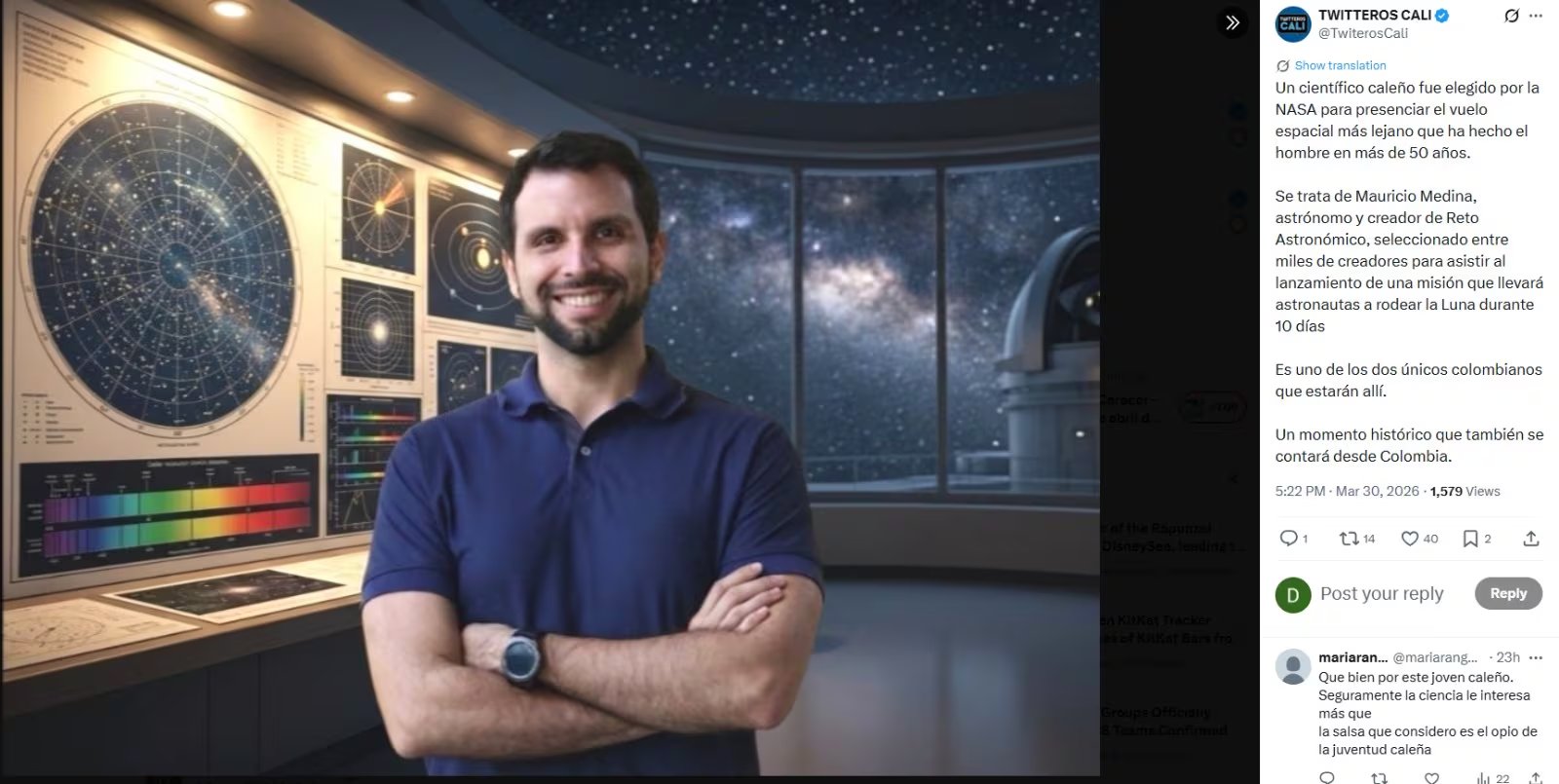 La inclusión de un divulgador latinoamericano en eventos clave internacionales amplía el acceso a la información espacial y fortalece los lazos científicos entre la región y el escenario mundial de la investigación astronómica - crédito captura de pantalla @TwiterosCali / X