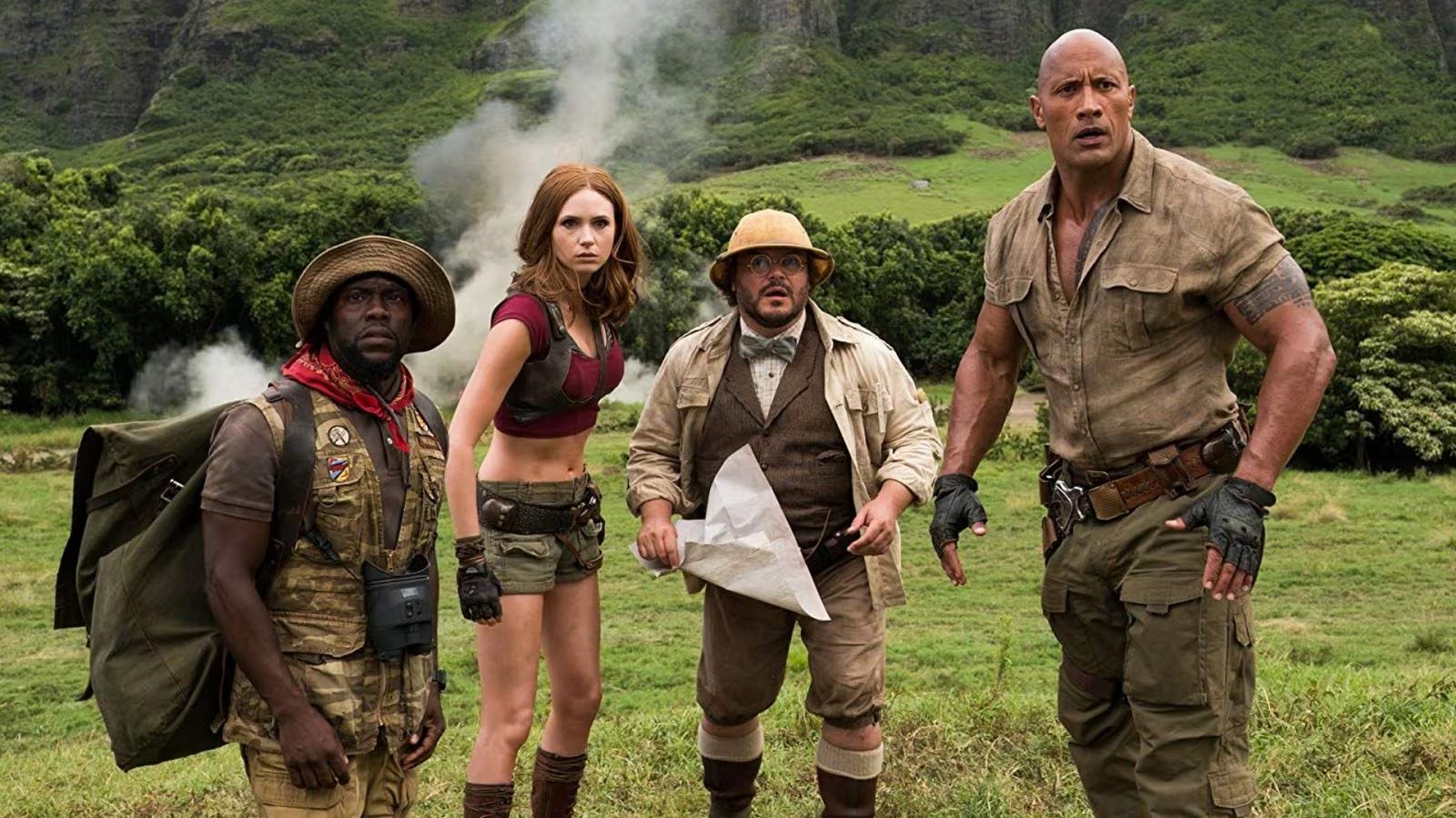 Kevin Hart, Karen Gillan, Jack Black y Dwayne Johnson en 'Jumanji'