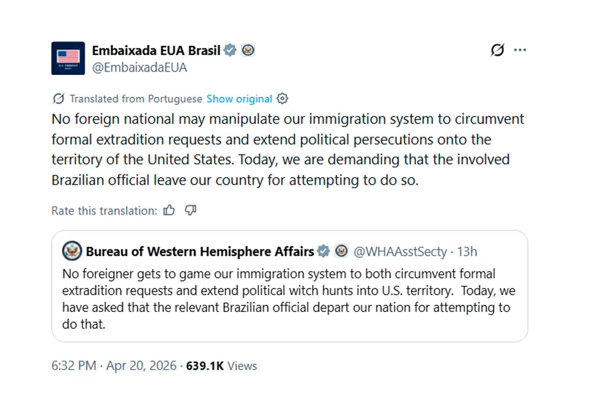 La Embajada de EEUU en Brasil publicó un tuit tras la decisión de salida de un funcionario brasileño por intentar manipular su sistema migratorio y eludir solicitudes de extradición
