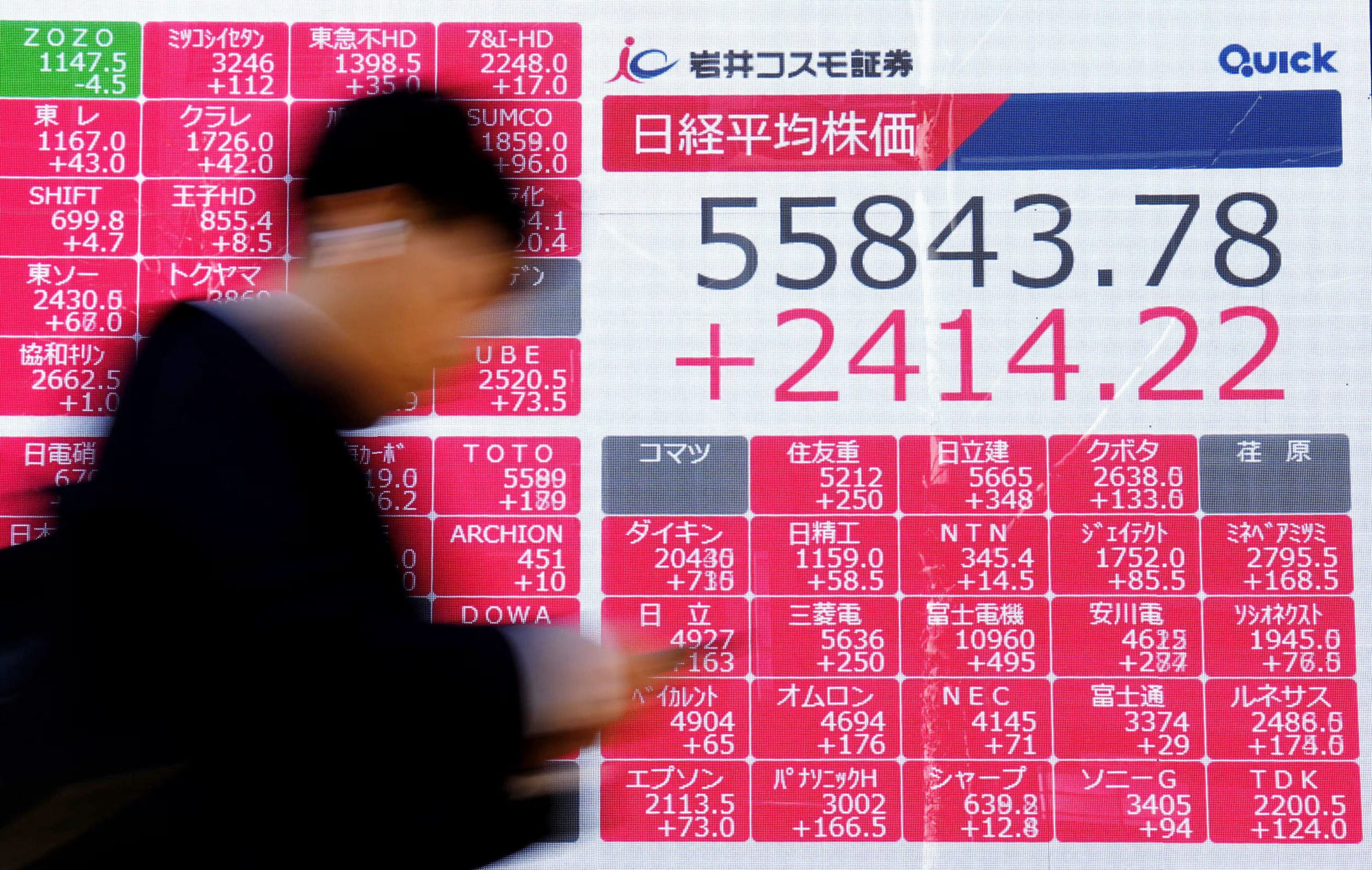 Una persona pasa ante una pantalla con el índice bursátil japonés Nikkei, en Tokio, el miércoles 8 de abril de 2026. (Yuya Shino/Kyodo News via AP)