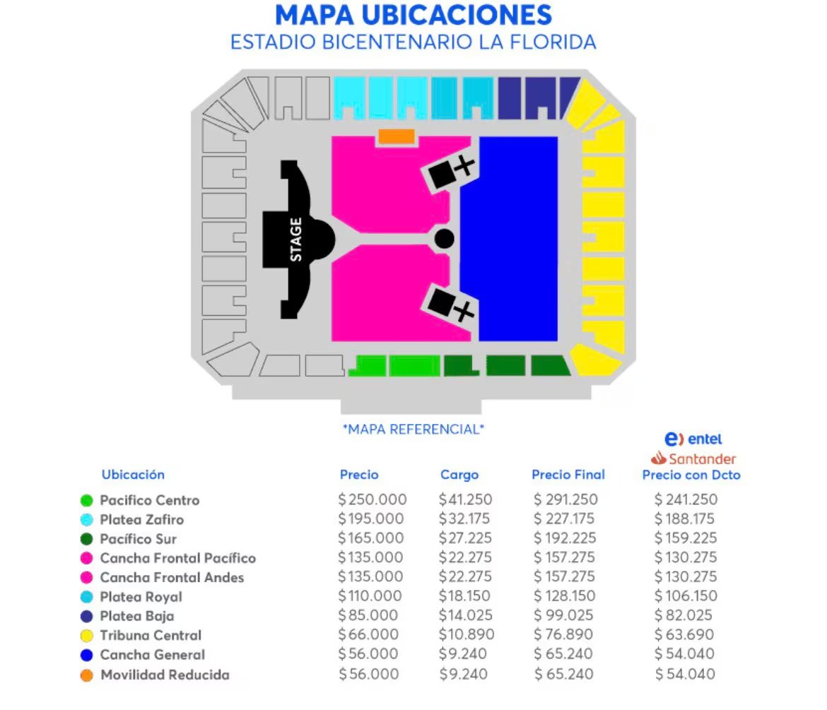 Mapa de zonas del concierto de Ed Sheeran en Chile (Captura: Ticketmaster)