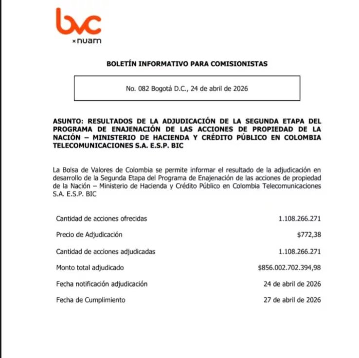 La Bolsa de Valores de Colombia confirmó que la totalidad de las acciones fue adjudicada a inversores privados, estableciendo así un nuevo escenario en el sector y cerrando la presencia estatal en la compañía - crédito Bvc