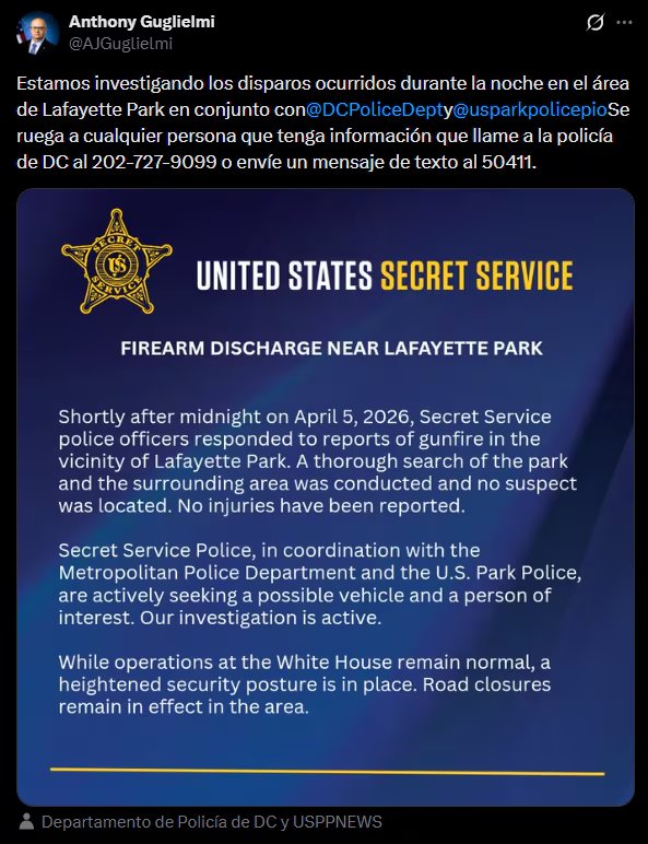 El vocero del Servicio Secreto destacó que la colaboración interinstitucional es clave en la búsqueda de pistas tras los disparos en las inmediaciones de la Casa Blanca (@AJGuglielmi)
