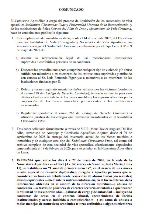 El Vaticano revisará individualmente la situación de los sacerdotes del Sodalicio antes de reincorporarlos y pidió evitar cualquier interferencia que obstaculice la reparación de las víctimas