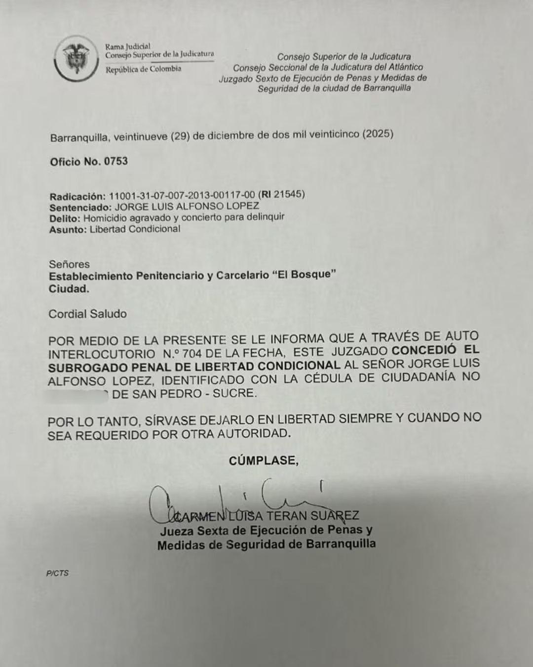 Carmen Luisa Terán también firmó la libertad condicional de alias Gatico, hijo de ‘La Gata’, acusado de ordenar asesinato de periodista - crédito red social X