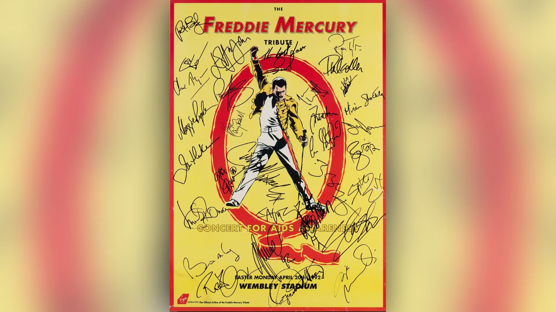 El afiche del concierto en tributo a Freddie Mercury firmado por los músicos que actuaron en Wembley en abril de 1992