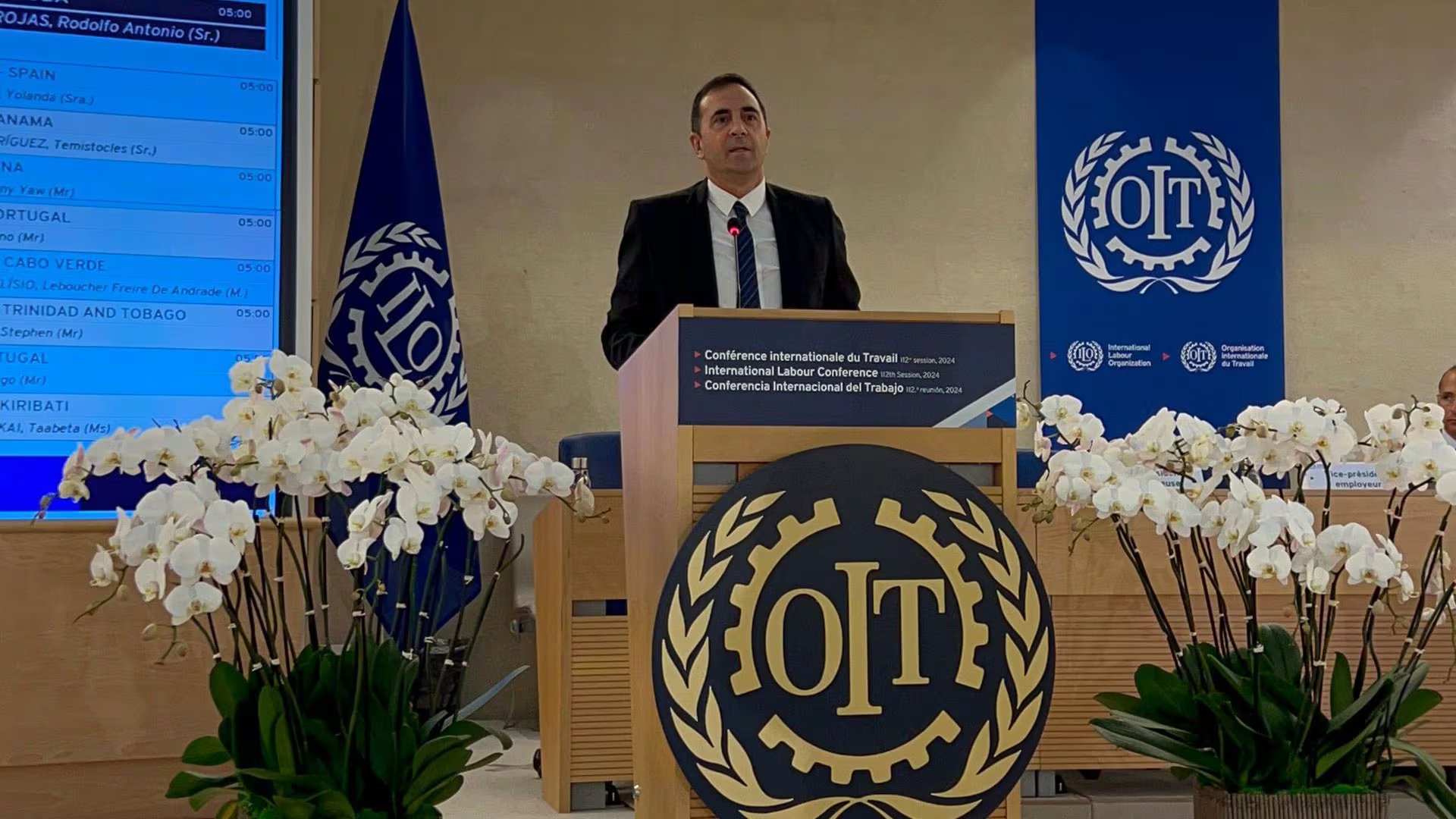 El secretario de Trabajo, Julio Cordero, al hablar ante la OIT en 2024; al año siguiente, el Gobierno no envió a ningún funcionario