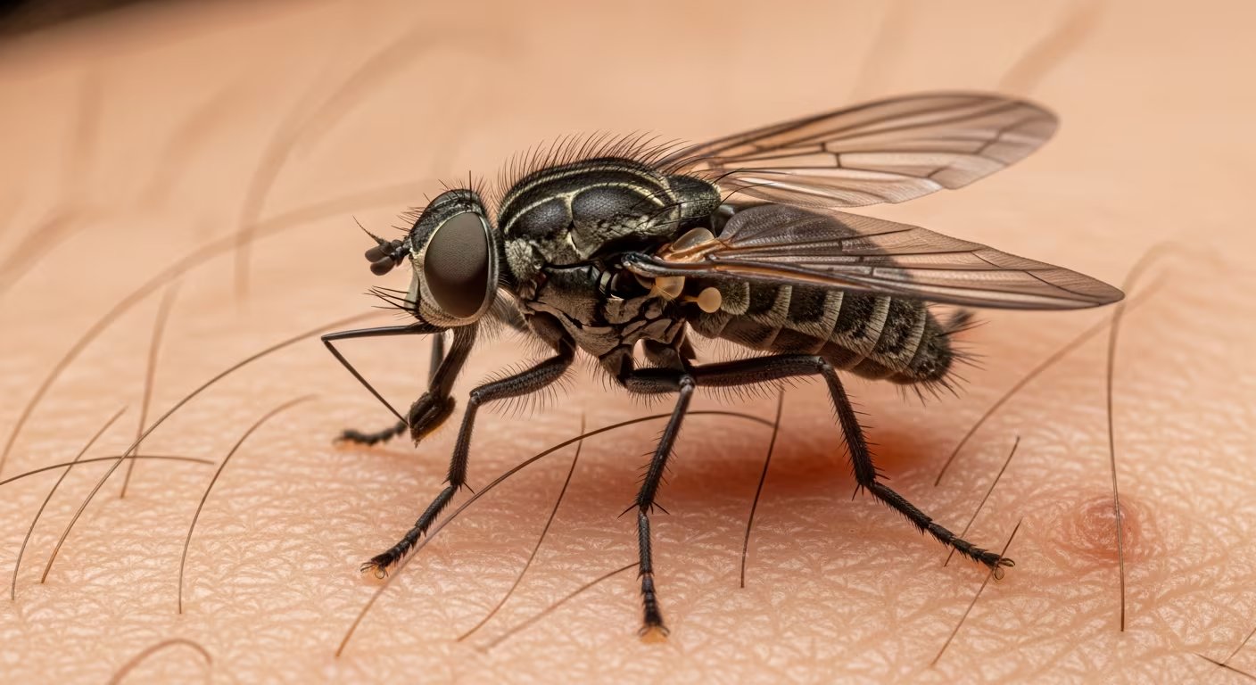 Una mosca tsetsé, el vector principal de la tripanosomiasis, se posa sobre la piel humana, destacando su papel crucial en la transmisión de la enfermedad (Imagen Ilustrativa Infobae)