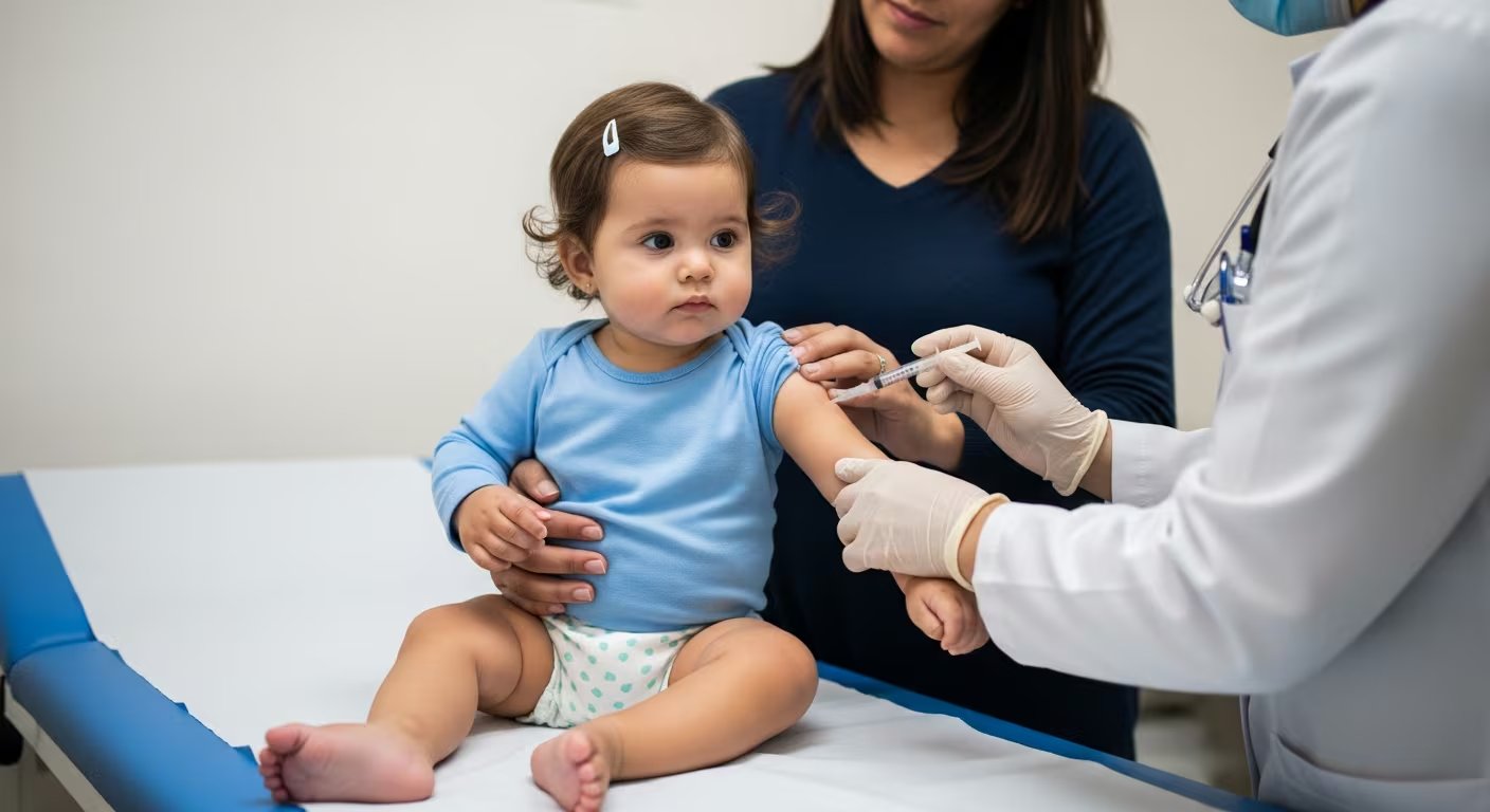 Una niña pequeña recibe una vacuna en el brazo mientras es sostenida por su madre en una consulta médica. La imagen resalta la importancia de la inmunización infantil y la confianza en el personal sanitario durante el proceso de vacunación. (Imagen Ilustrativa Infobae)
