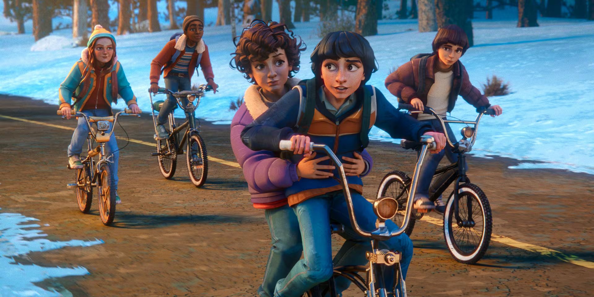 Los protagonistas del próximo spinoff animado de ‘Stranger Things’ son vistos en bicicleta por un paisaje invernal nevado. (Netflix)