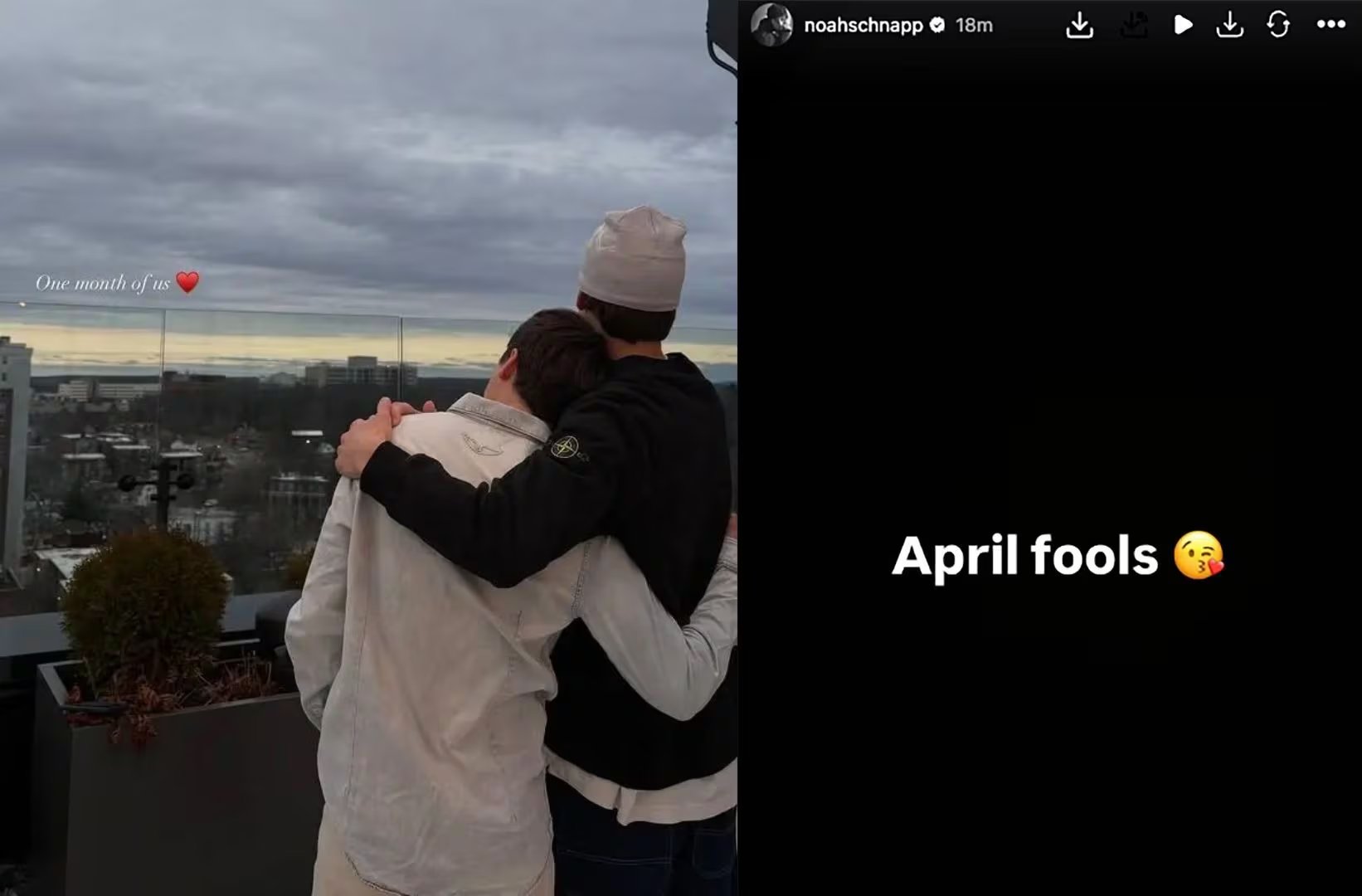 La imagen que Noah Schnapp compartió en Instagram desató rumores de romance antes de ser aclarada como una broma. (Capturas de Instagram)