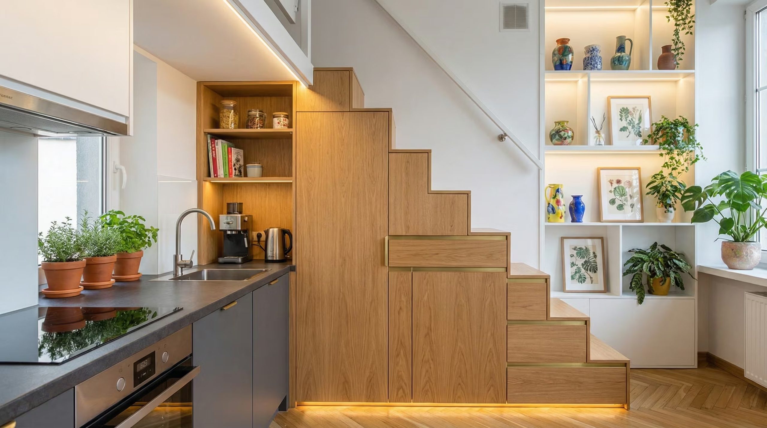 Los peldaños convertidos en bancos y librerías ofrecen nuevas zonas útiles en el hogar. (Imagen Ilustrativa Infobae)