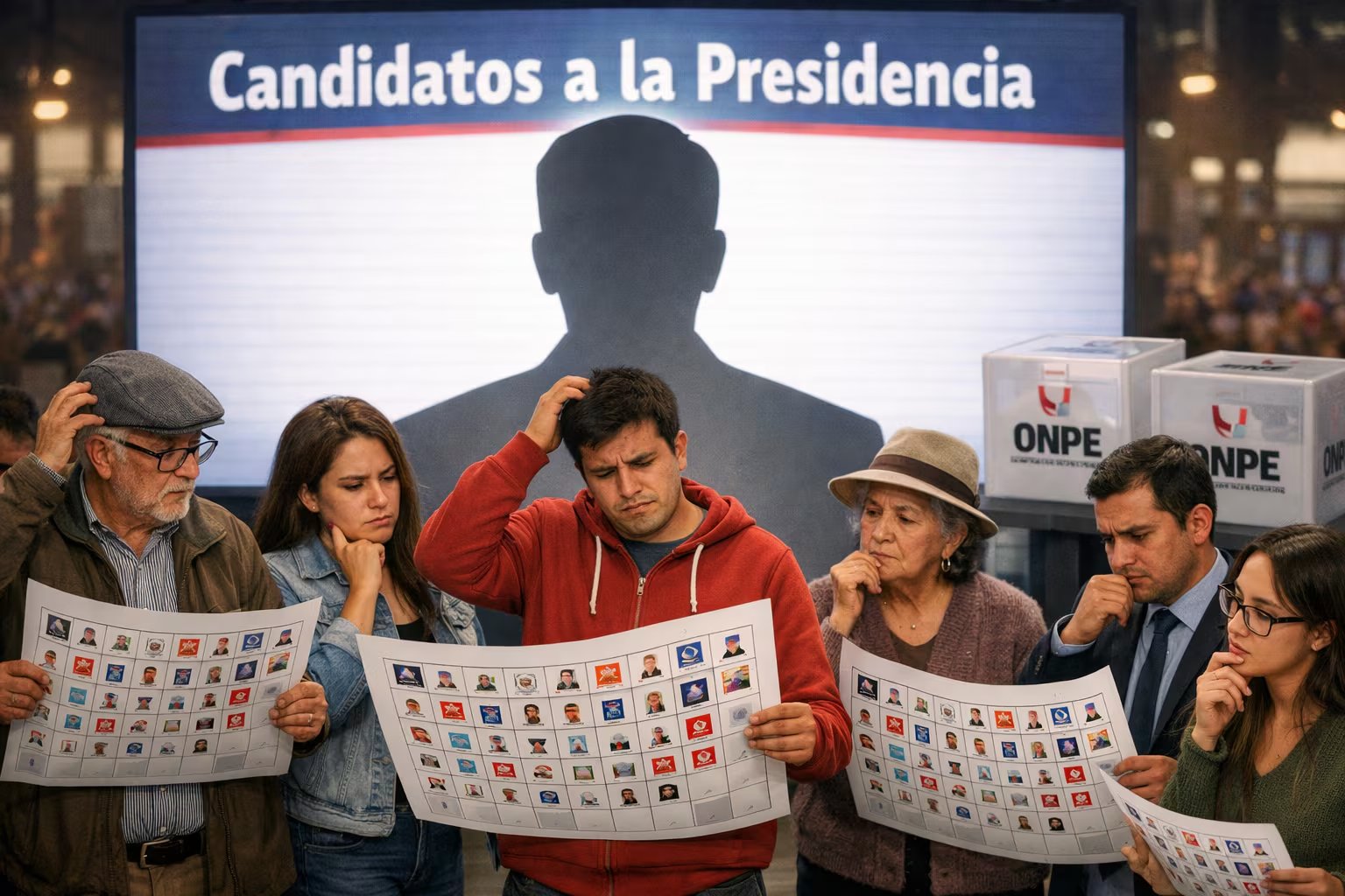Varios ciudadanos peruanos muestran expresiones de duda y reflexión mientras revisan una enorme cédula electoral frente a una pantalla con la silueta de un candidato presidencial y ánforas de la ONPE. (Imagen Ilustrativa Infobae)