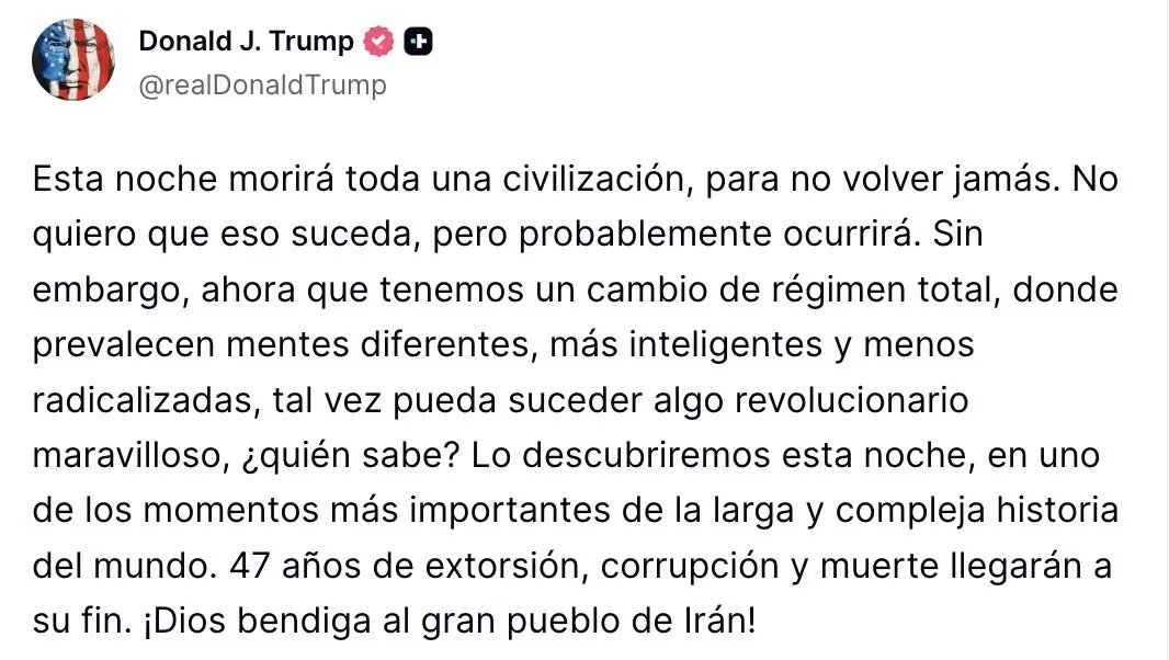 Captura de pantalla de las palabras de Truth Social del presidente de Donald Trump