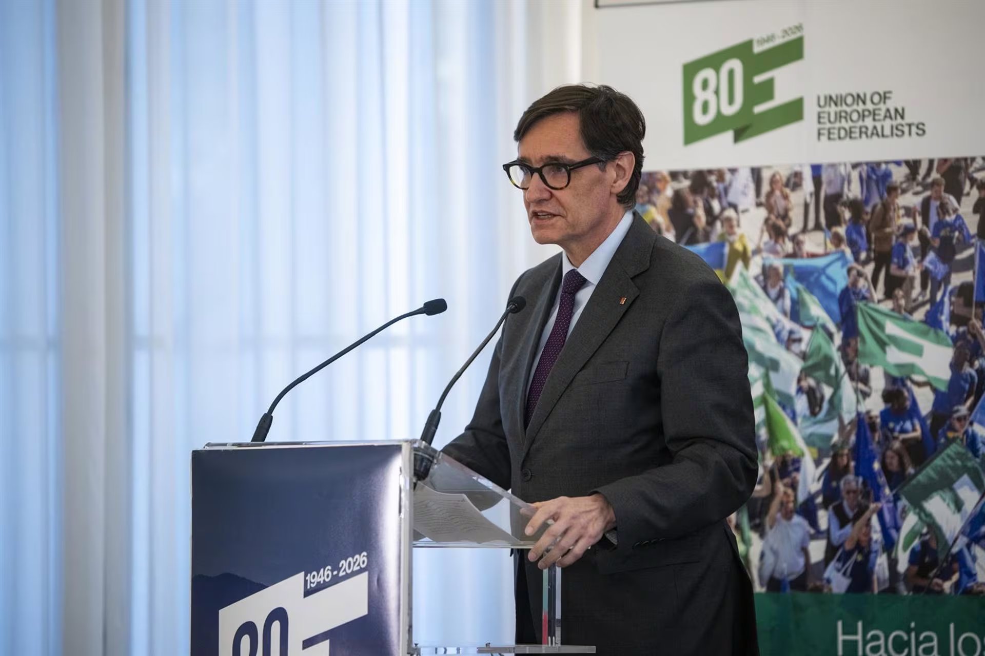 El president de la Generalitat de Catalunya, Salvador Illa, interviene durante la sesión inaugural de la Unión de Federalistas Europeos, a 20 de marzo de 2026, en Barcelona, Catalunya (España). (Lorena Sopêna - Europa Press)