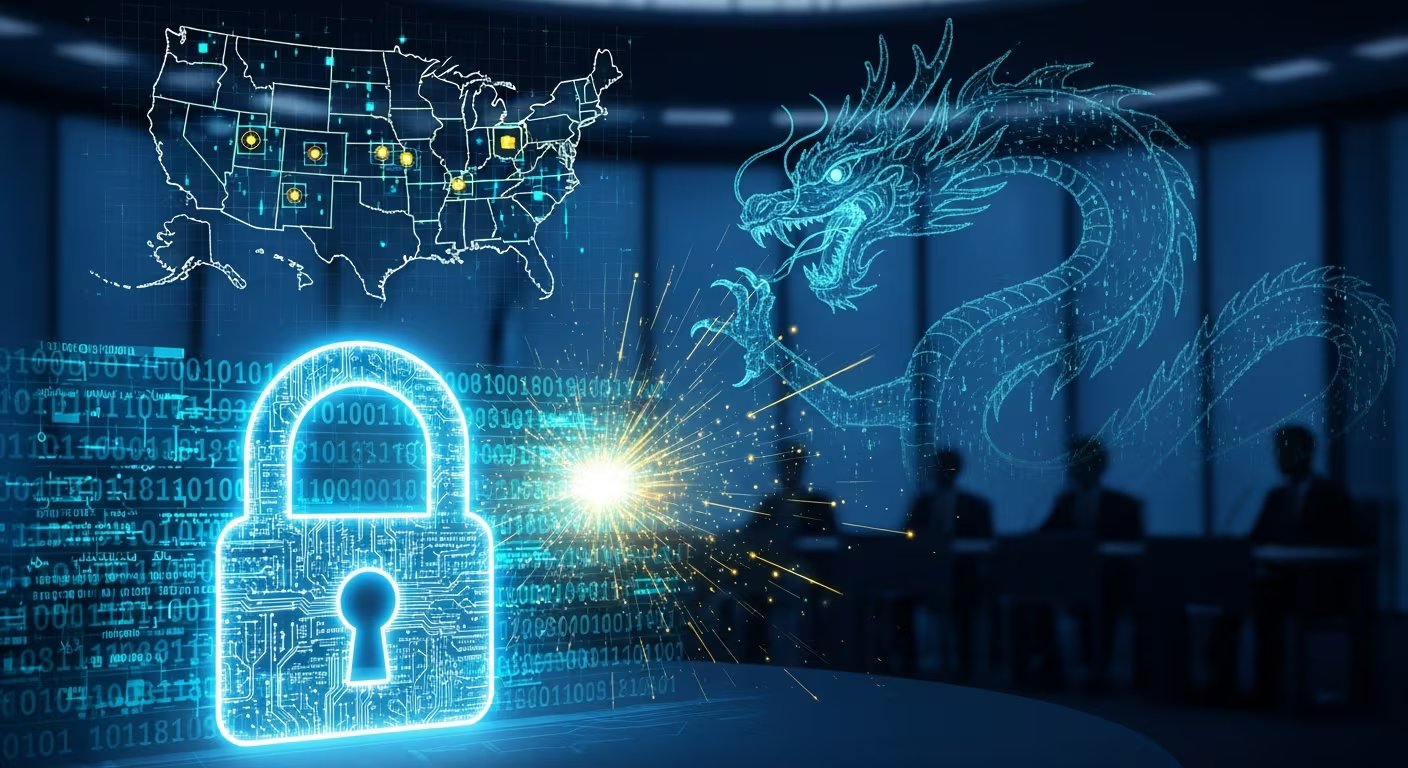 El mapa de Estados Unidos, un dragón digital y un candado brillante ilustran la respuesta del país a un ciberataque relacionado con China, tras un informe del FBI a los legisladores sobre el incidente (Imagen Ilustrativa Infobae)