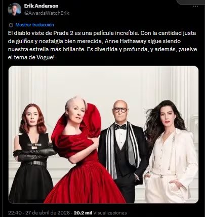 Erik Anderson destacó la carga de nostalgia de 'El diablo viste a la moda 2'. (X)