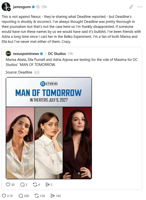 James Gunn desmiente la información sobre Marisa Abela, Ella Purnell y Adria Arjona probando para el papel de Maxima en 'Man of Tomorrow', criticando la fuente por su periodismo deficiente (Threads)