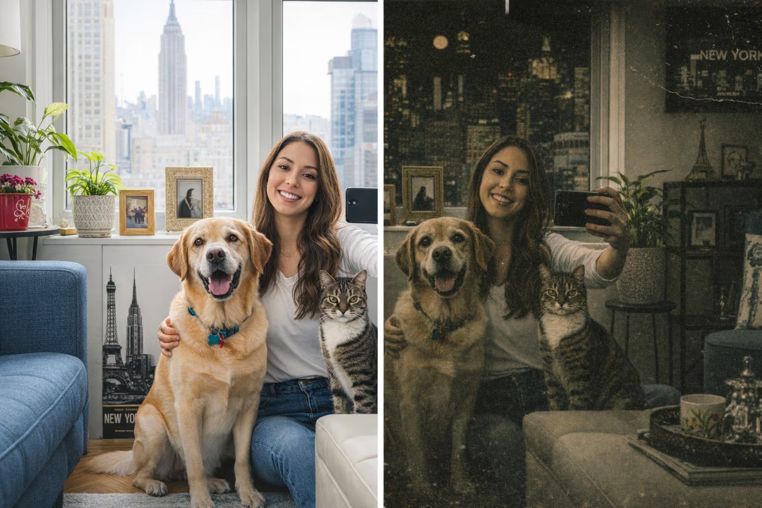 Una mujer sonriente posa con su golden retriever y gato atigrado en una imagen dividida que muestra una escena moderna y otra con filtro vintage de Nueva York. (Imagen Ilustrativa Infobae)
