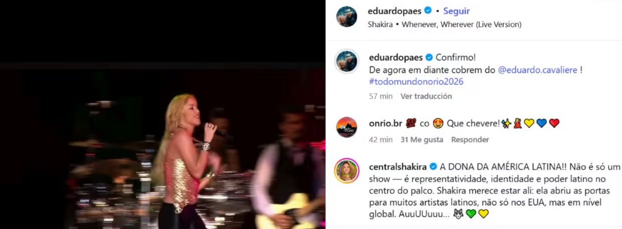 El alcalde de Rio de Janeiro confirmó la presentación de Shakira en la isla de Copacabana - crédito @eduardopaes/ Instagram