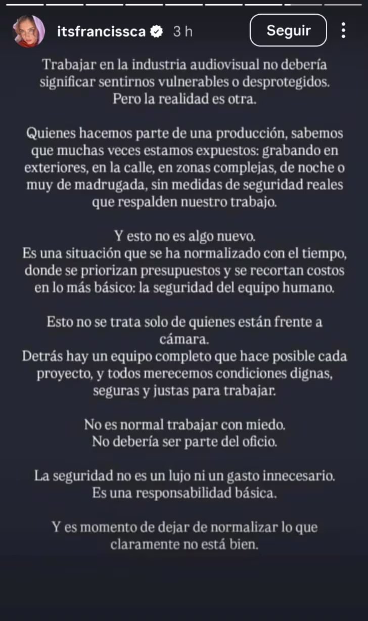 La popular actriz publicó varios mensajes en los que demuestra la importancia de garantizar la seguridad de los trabajadores sin pensar en presupuestos - crédito Francisca Estévez / Instagram