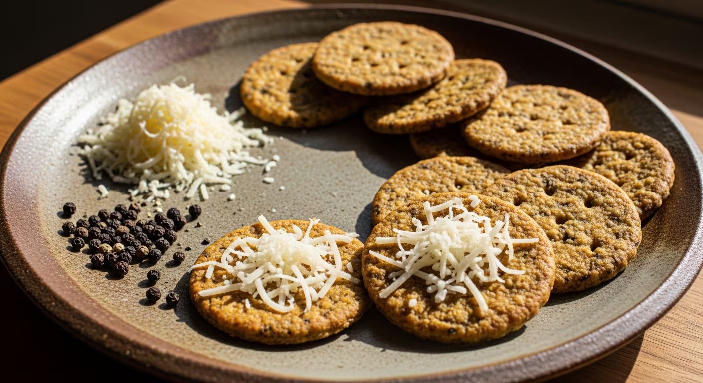 Un plato artesanal presenta galletas saladas redondas, algunas cubiertas con queso rallado, acompañadas de una pila de queso rallado y granos de pimienta negra. (Imagen Ilustrativa Infobae)