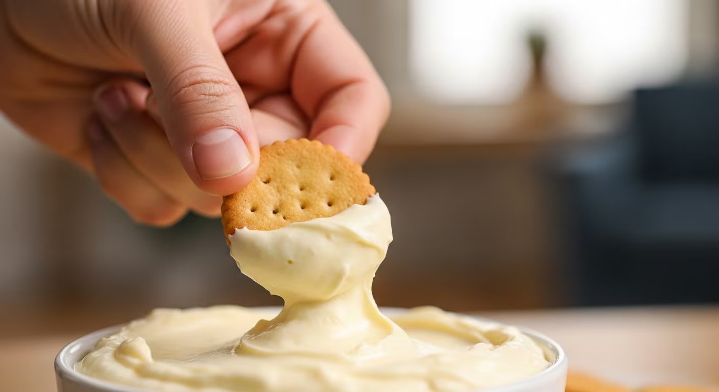 Una mano sumerge una galleta redonda y salada en un cremoso dip de queso o paté, mostrando la textura rica y elástica del alimento en un momento de disfrute culinario. (Imagen Ilustrativa Infobae)