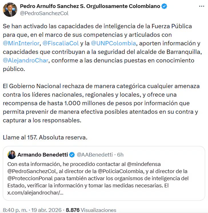 Pronunciamientos del ministro de Defensa y del Ministerio del Interior sobre la activación de medidas de seguridad e inteligencia del Estado. - crédito @PedroSanchezCol/X