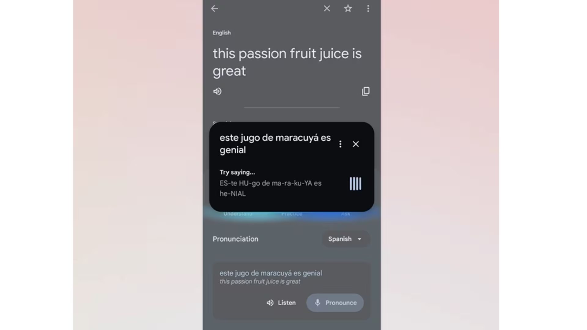 Una pantalla de teléfono móvil muestra una aplicación de traducción, detallando la frase 