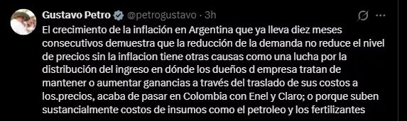 Mensaje publicado en X por el presidente Gustavo Petro, en el que cuestiona las causas de la inflación y señala el caso de Argentina como ejemplo del debate económico regional - créduto Gustavo Petro/X