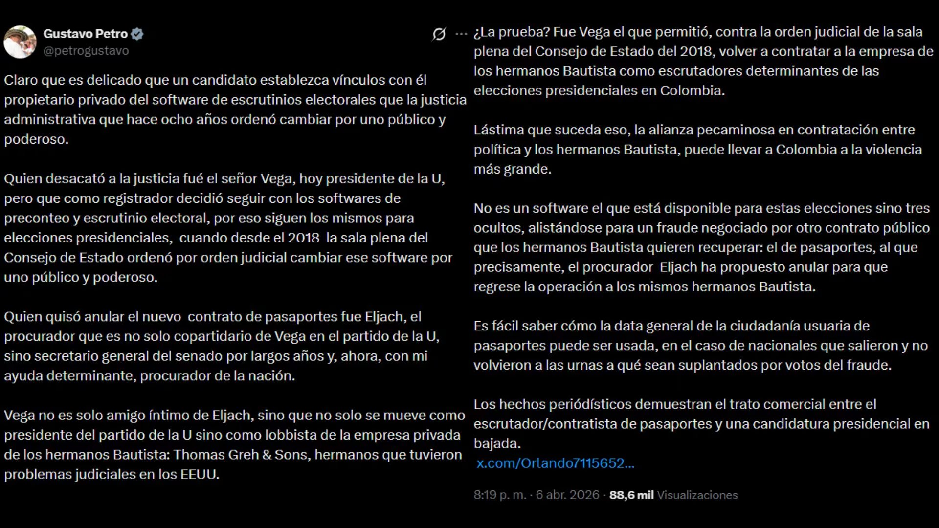 Gustavo Petro insiste en un supuesto fraude electoral y cuestiona el software de escrutinio. - crédito @petrogustavo/X
