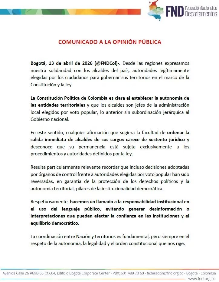 La FND considera necesario que se abran ventanas de diálogo entre el Gobierno nacional y los alcaldes - crédito FND