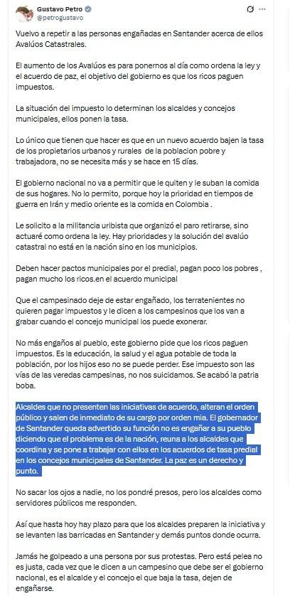 En su perfil de X, el presidente Gustavo Petro lanzó una dura amenaza a los alcaldes del país, a los que destituiría si no ayudan a destrabar el paro - crédito @petrogustavo/X