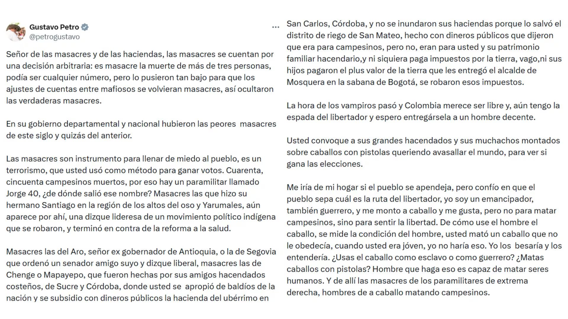 Gustavo Petro señala responsabilidades históricas en hechos violentos y cuestionando decisiones políticas de gobiernos pasados. - crédito @petrogustavo/X