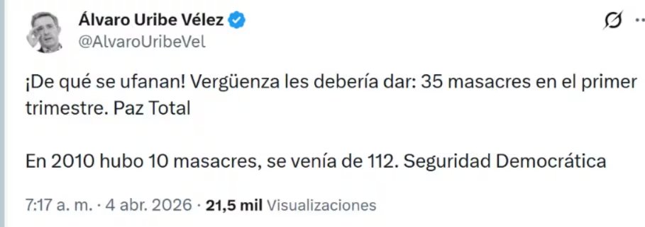 Álvaro Uribe cuestionó la política de “Paz Total” tras la publicación del informe sobre masacres - crédito @AlvaroUribeVel/ X