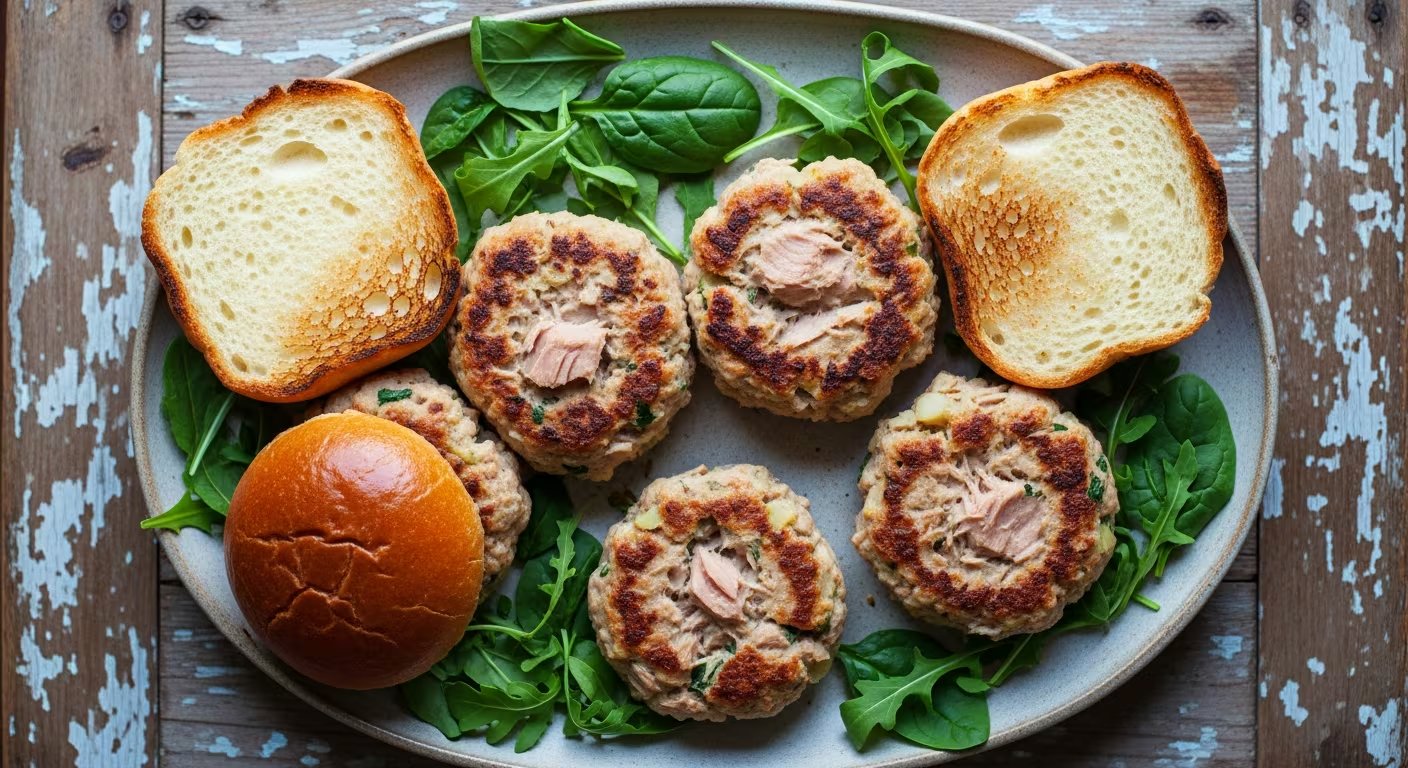 Toma cenital de varias hamburguesas de atún y papa servidas en una fuente de cerámica con pan tostado y hojas verdes frescas, todo sobre un fondo rústico de madera. (Imagen Ilustrativa Infobae)