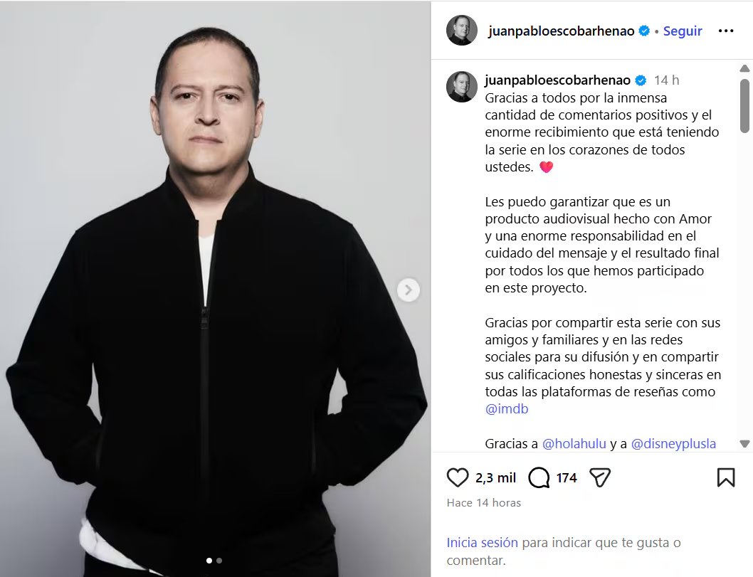 El hijo de Pablo Escobar agradeció el respaldo que le han dado a la serie en la que participó junto a Diney+ - crédito @juanpabloescobarhenao/IG