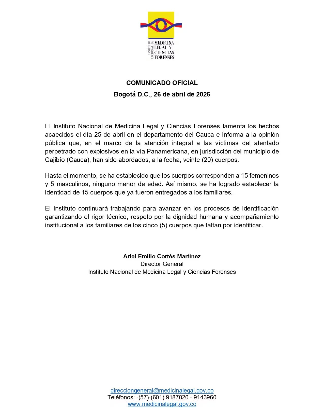 Autoridades forenses avanzan en los procesos de identificación con rigor técnico. - crédito Medicina Legal