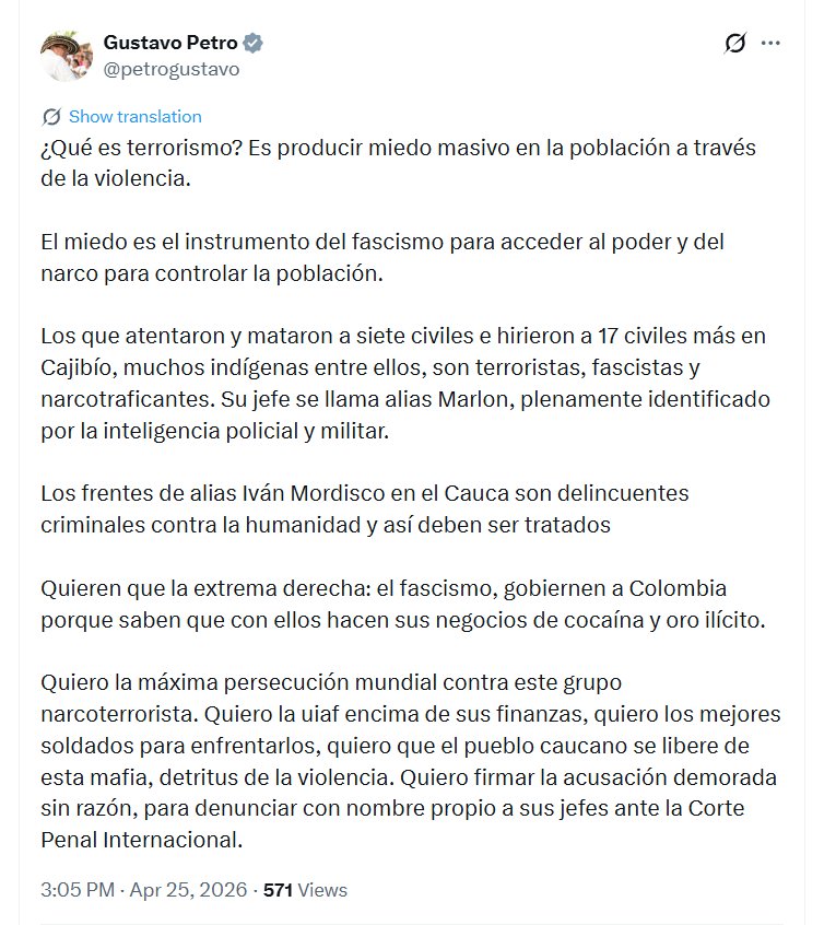 El presidente Petro atribuyó el ataque a disidencias y pidió intensificar la ofensiva contra estos grupos. - crédito @petrogustavo/X