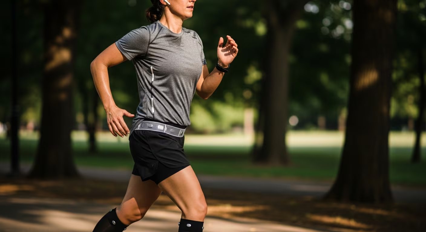Una mujer realiza ejercicio al aire libre, equipada con tecnología vestible de sensores discretos en su cinturón y calcetines, optimizando el seguimiento de su rendimiento físico diario. (Imagen Ilustrativa Infobae)