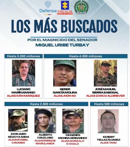 Cartel de los más buscados divulgado por la Fiscalía General de la Nación, en el que se ofrecen recompensas por información que permita ubicar a los principales cabecillas de la Segunda Marquetalia señalados en la investigación - crédito Fiscalía General