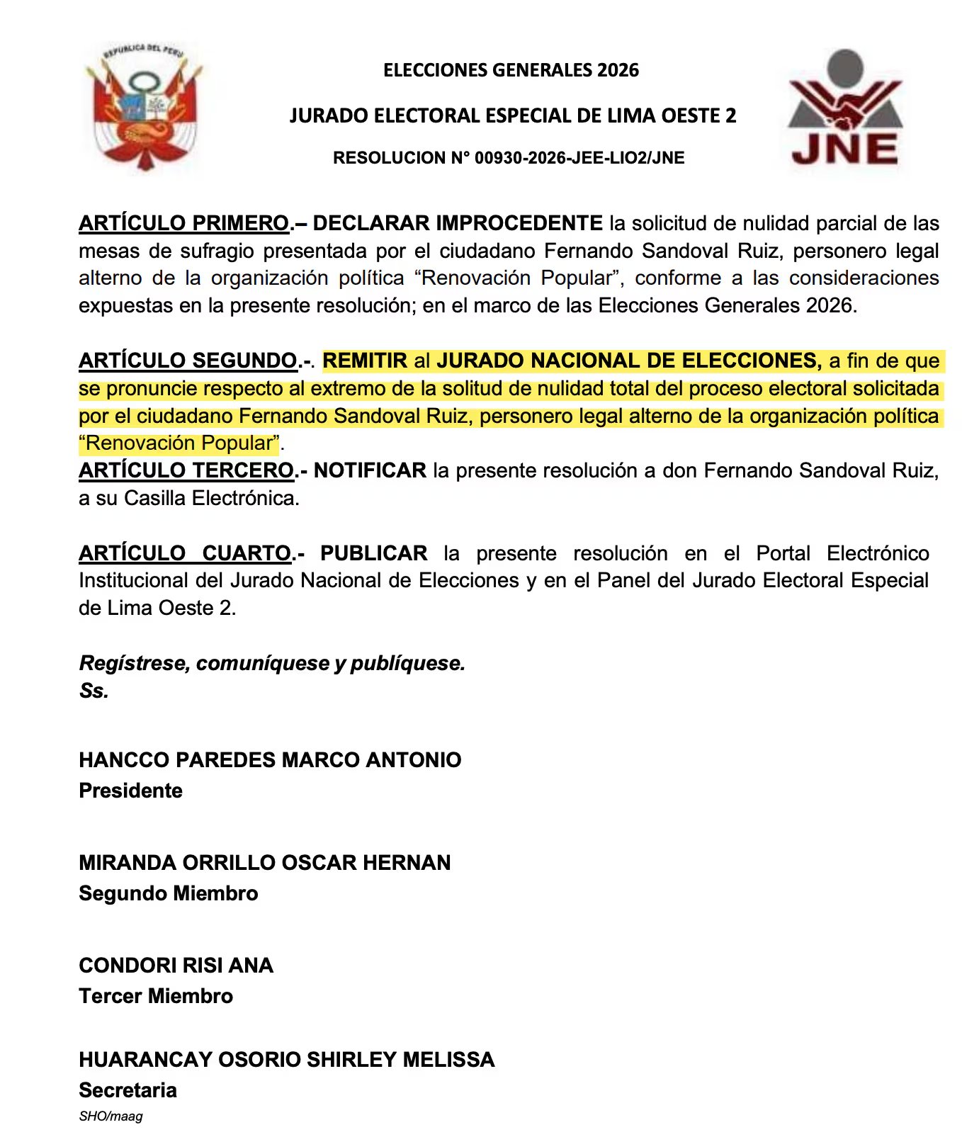 JEE envía al Pleno del JNE un pedido de Renovación Popular para anular elecciones.