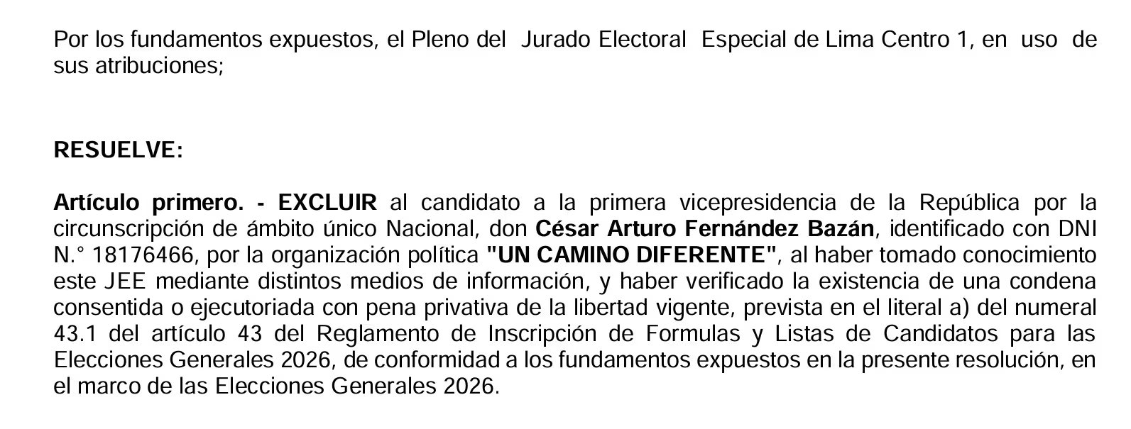 JEE excluye a Arturo Fernández Bazán.