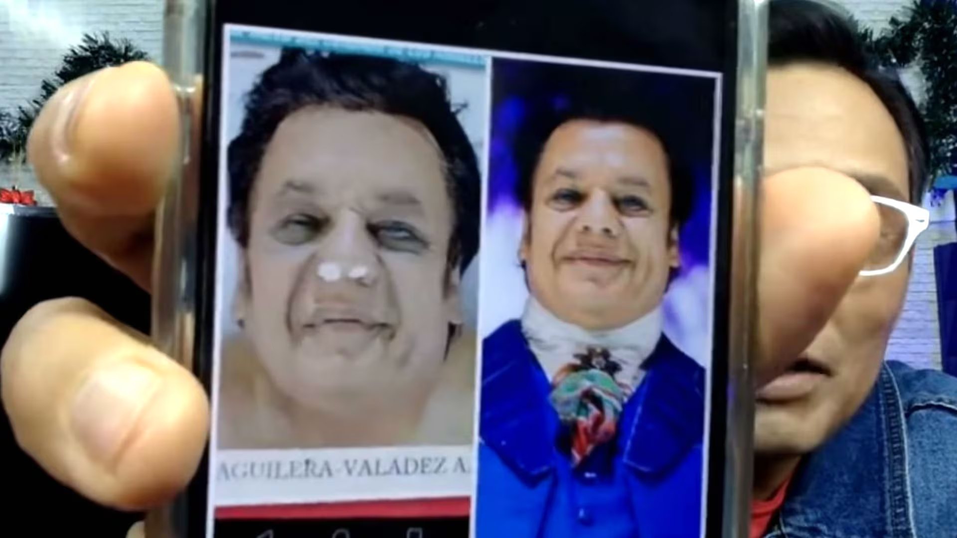 El periodista Jorge Carbajal presentó el comparativo de la imagen del supuesto cadáver y la foto de Juan Gabriel que se utilizó para editarla (Foto: YouTube Productora69)