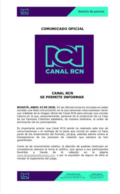 El Canal RCN se pronunció sobre el comunicado falso que aparece en redes sociales y recordó que las eliminaciones en La casa de los famosos se hace por medio de votaciones - crédito Canal RCN